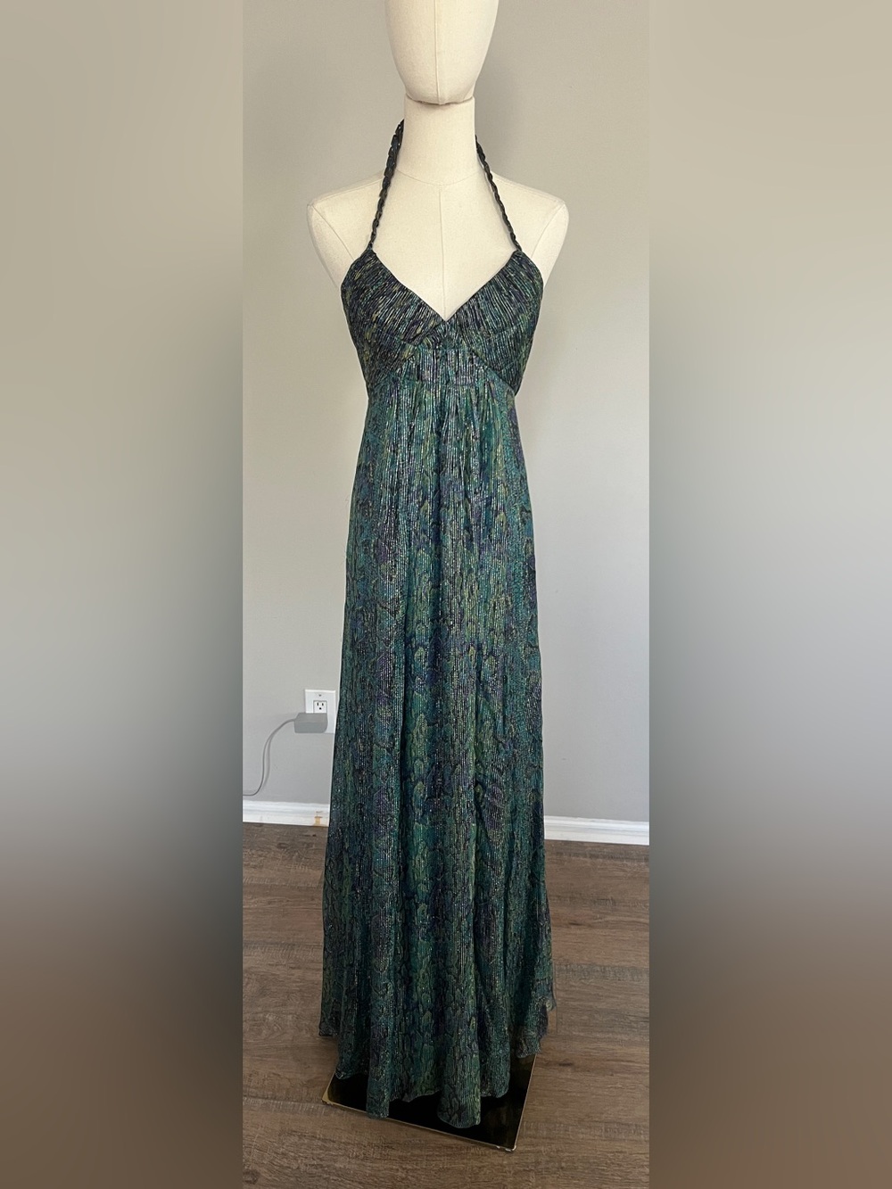 BCBG Maxazria silk metallic snake / peacock print dress